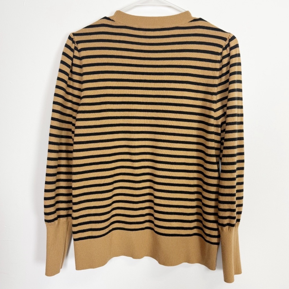 Loft Sweater Womens Large Black Tan Stripe Crewneck Thin Knit - Picture 2 of 6